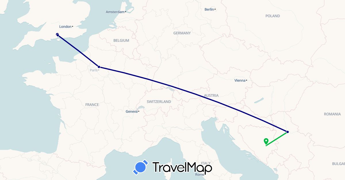 TravelMap itinerary: driving, bus in Bosnia and Herzegovina, France, United Kingdom, Serbia (Europe)